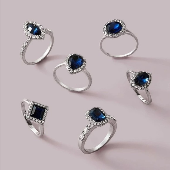 Silver 3/$30 Blue 6pc Rhinestone Geometric Midi Ring Set - Picture 1 of 2